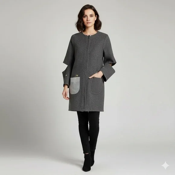 Handmade Gray Wool Elbow Cut-Out Embroidered Mid-Length Coat - 6/8, M, OOAK! - Picture 13 of 14